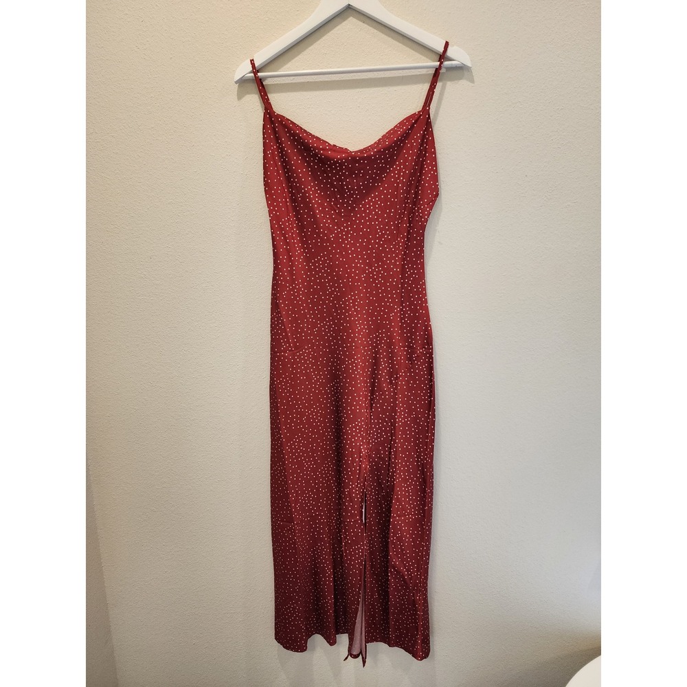NWT Paper Heart Red Polka Dot Cowl Neck Maxi Slip Dress XS‎ Front Slit Satin
